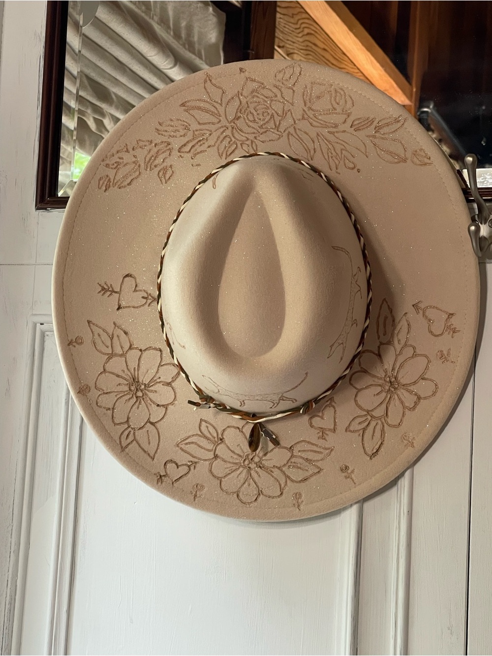 Women's Beige Felt Floral Wide Brim Hat with Braided Band